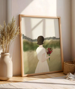 Woman in White Dress Holding Bouquet Facing Nature