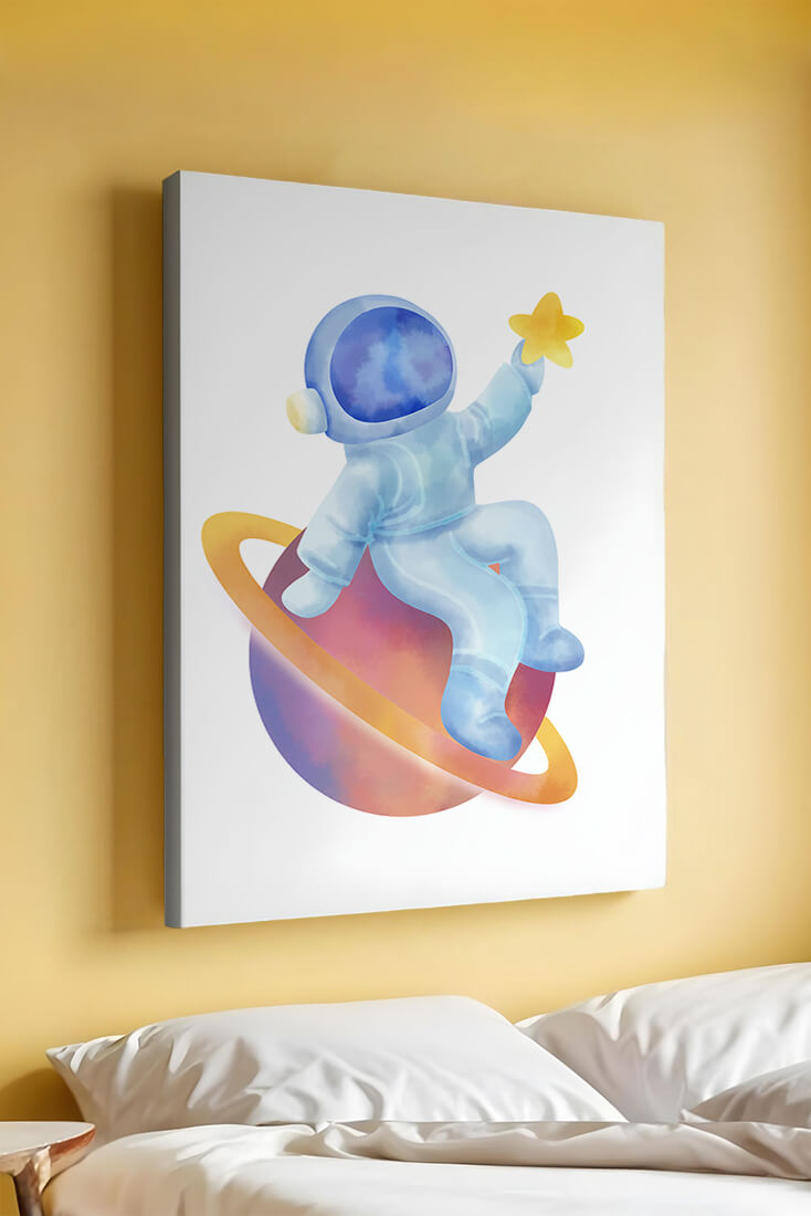 Charming watercolor astronaut sitting on a planet with a star