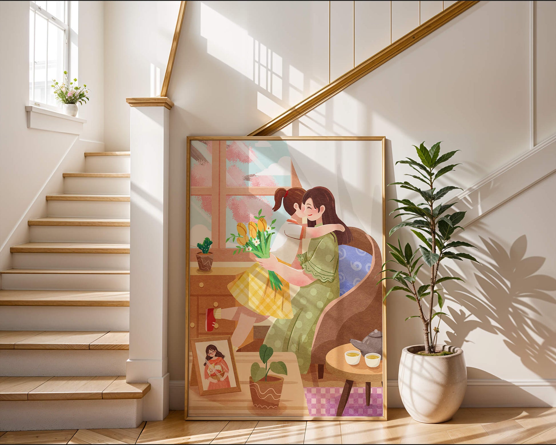 Cozy living room scene with mother and daughter hugging near window