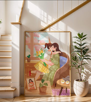 Cozy living room scene with mother and daughter hugging near window