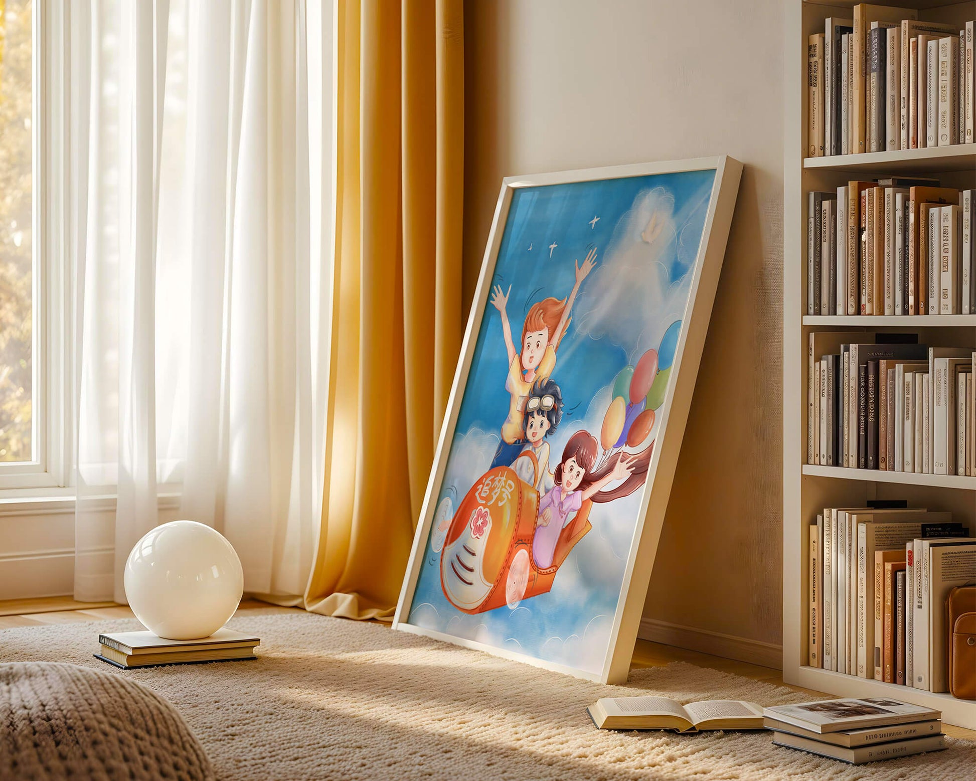Children's adventure in sky with balloons and playful aircraft