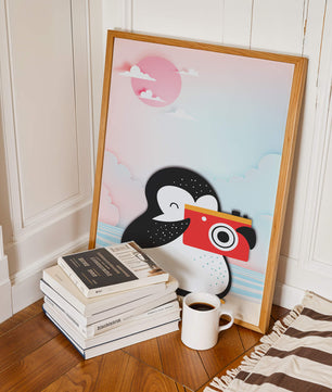 Whimsical penguin illustration with a camera on a pastel beach