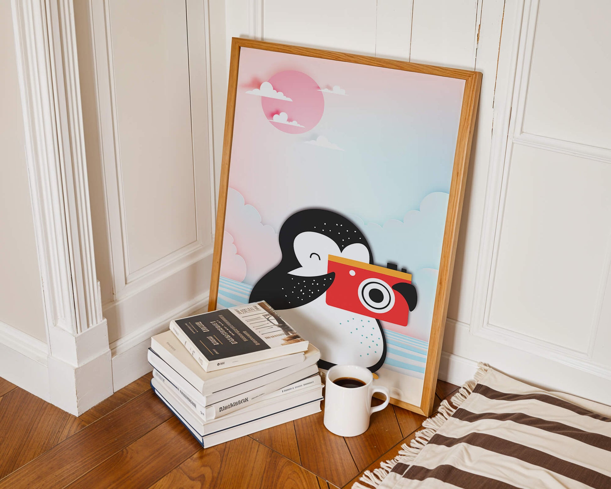 Whimsical penguin illustration with a camera on a pastel beach