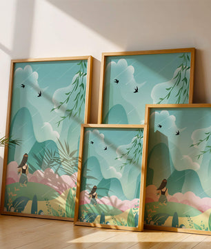 Peaceful landscape with a girl and nature elements
