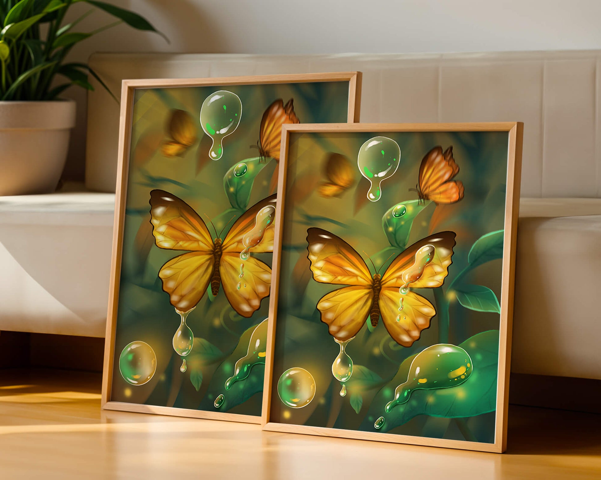 Butterflies Among Dewdrops in a Serene Forest Setting