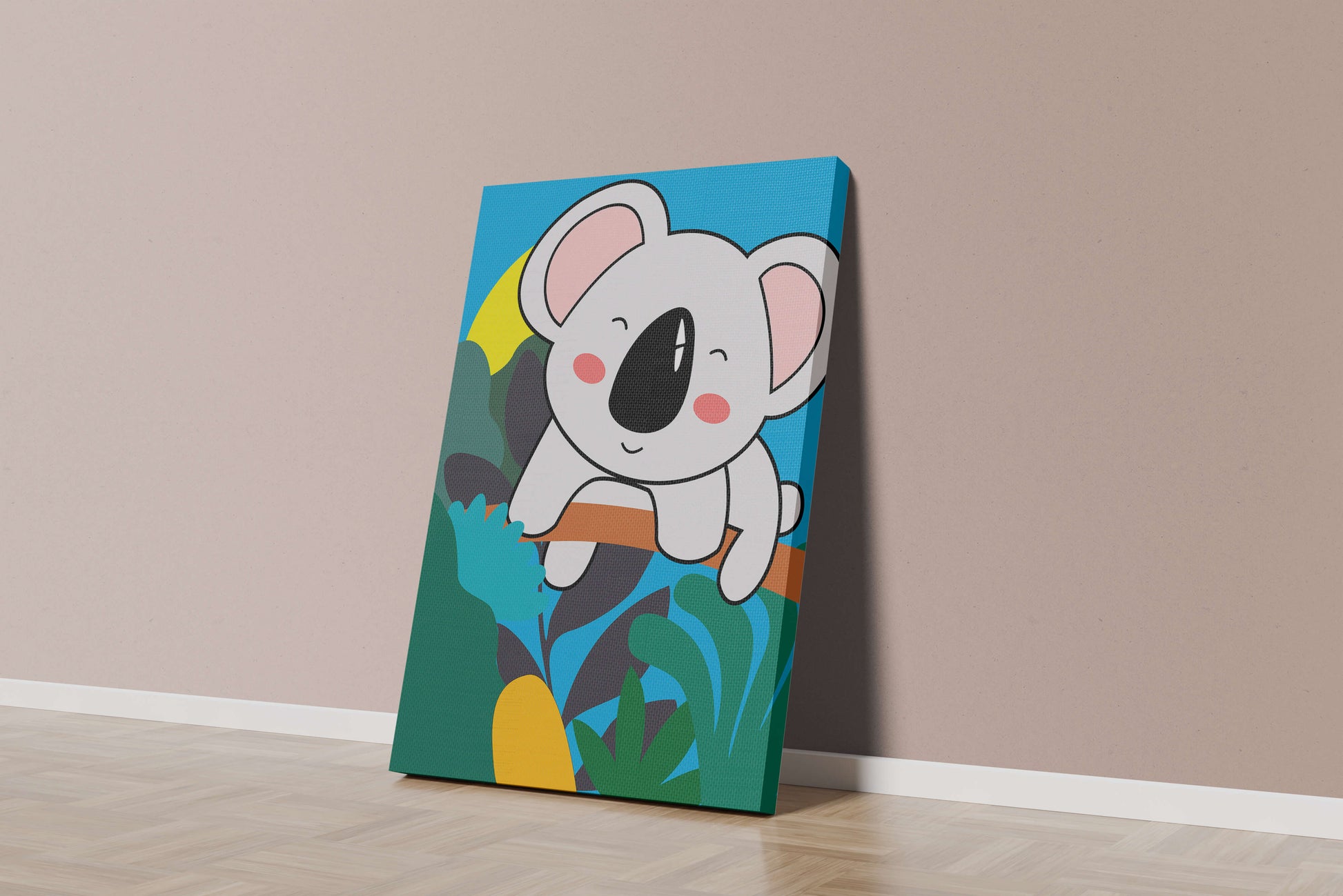 Charming illustrated koala on a branch with vibrant background