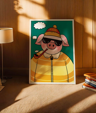 Cerdo elegante con gafas de sol y pipa contra un cielo turquesa