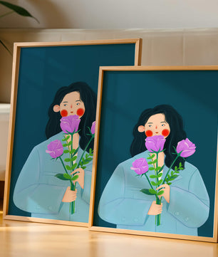 Illustration of a woman with purple flowers on a teal background