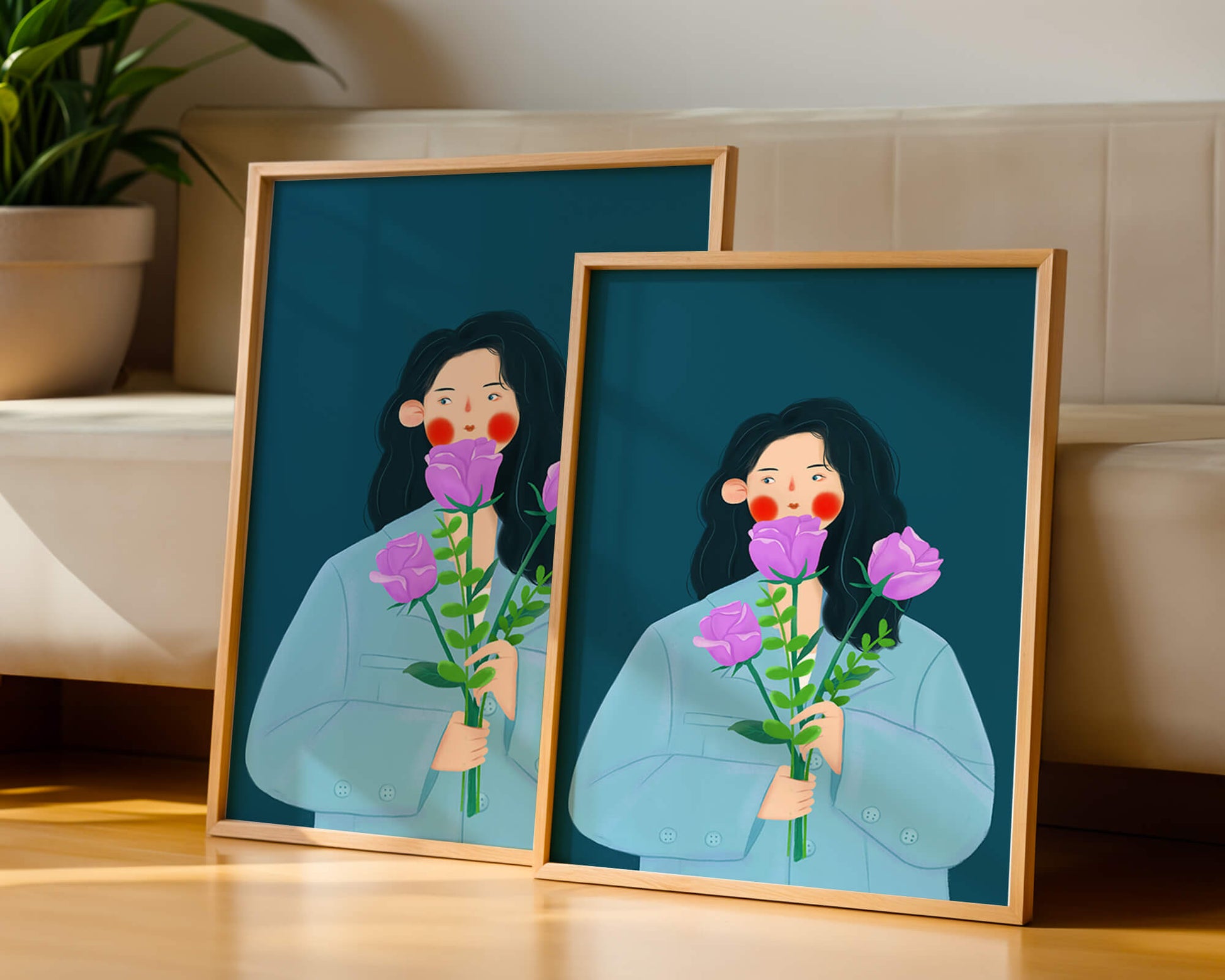 Illustration of a woman with purple flowers on a teal background