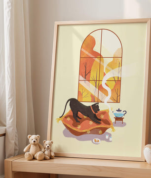 Black Cat Relaxing on Cozy Pillow with Scenic Window View