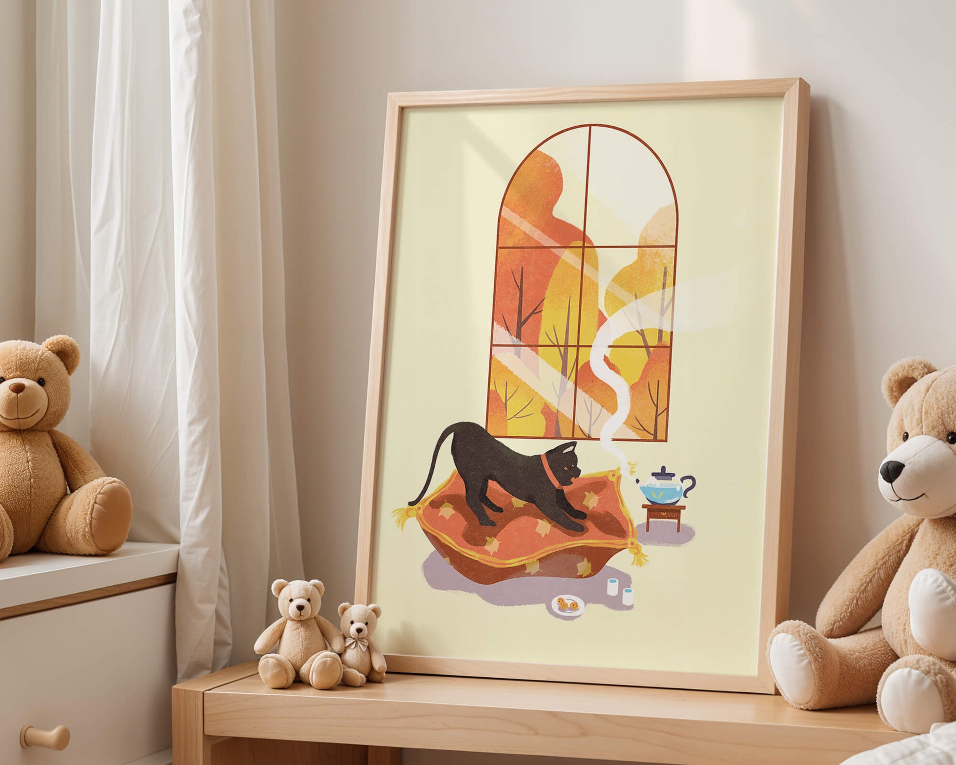 Black Cat Relaxing on Cozy Pillow with Scenic Window View