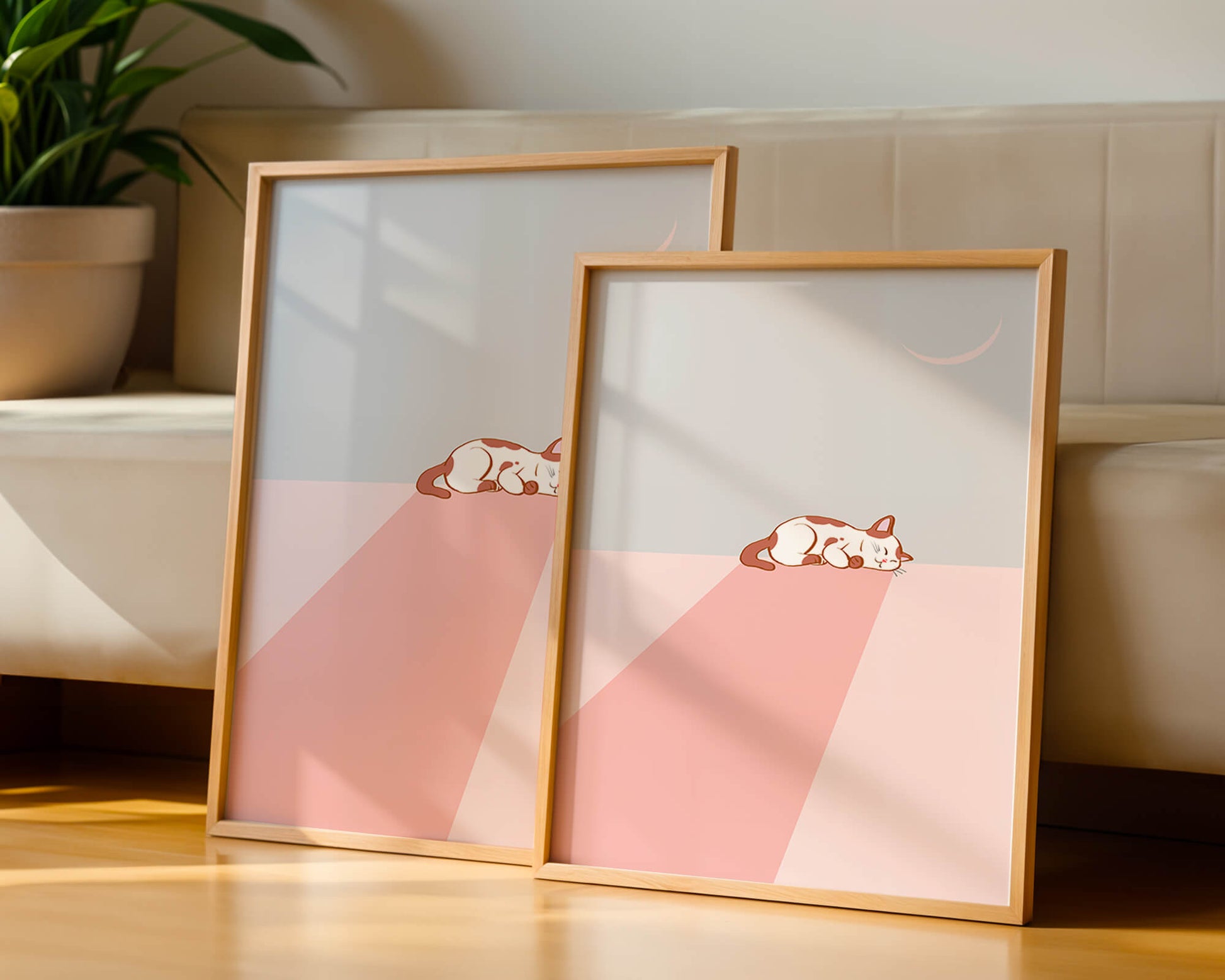 Sleeping Cat in Minimalistic Moonlit Scene