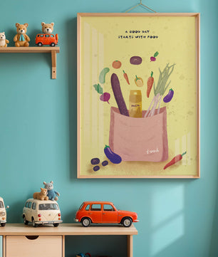 Ilustración de vegetales frescos y leche en una bolsa de comestibles
