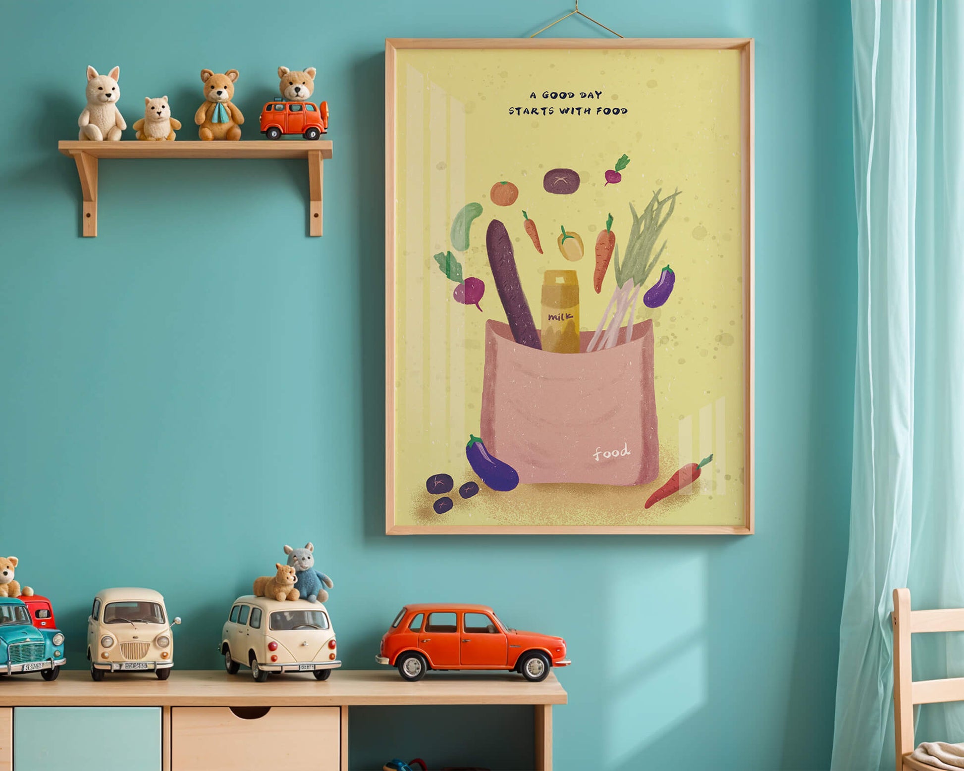 Ilustración de vegetales frescos y leche en una bolsa de comestibles