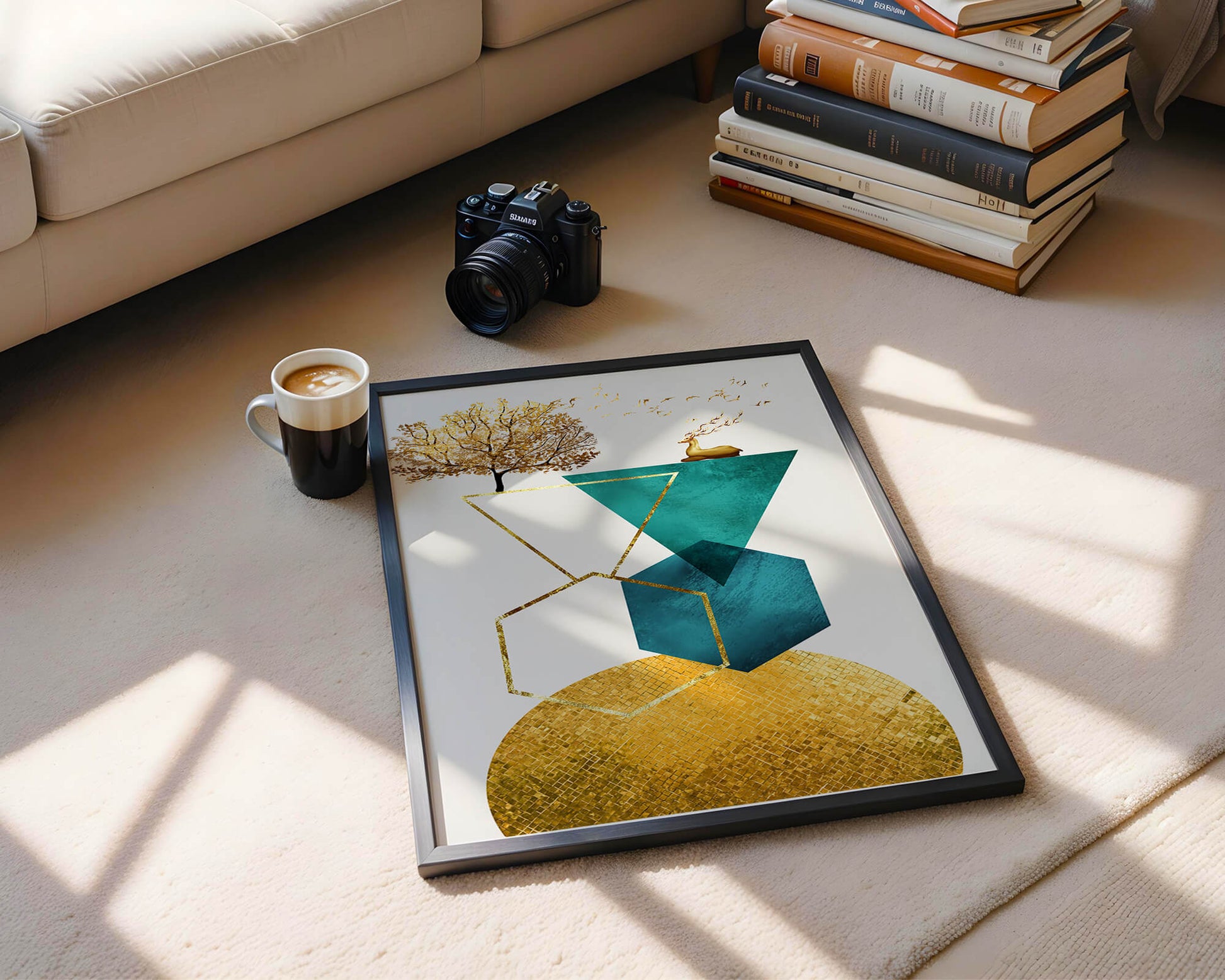 Abstract Geometric Composition with Golden Deer and Tree