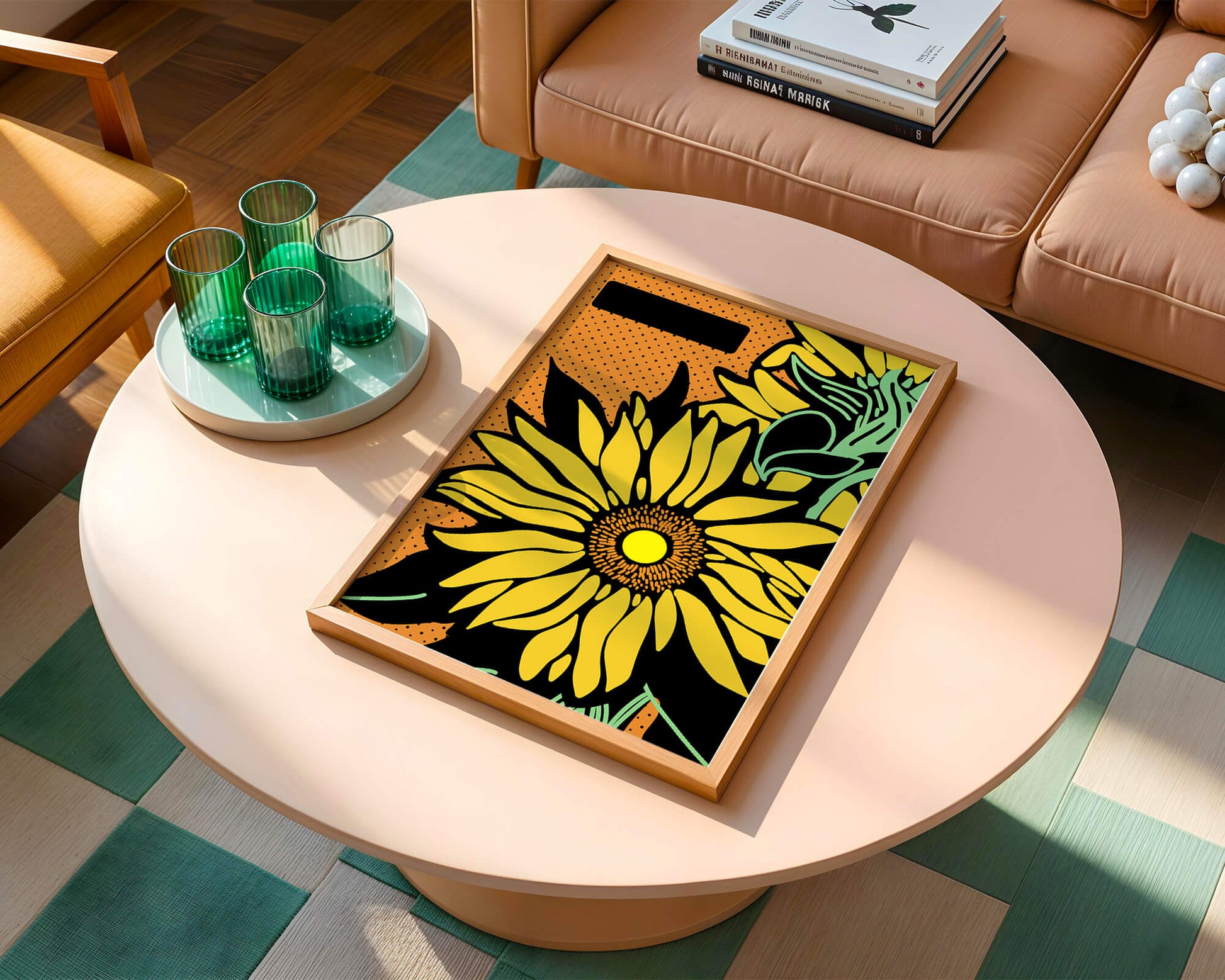 Colorful sunflower illustration with bold lines and dots