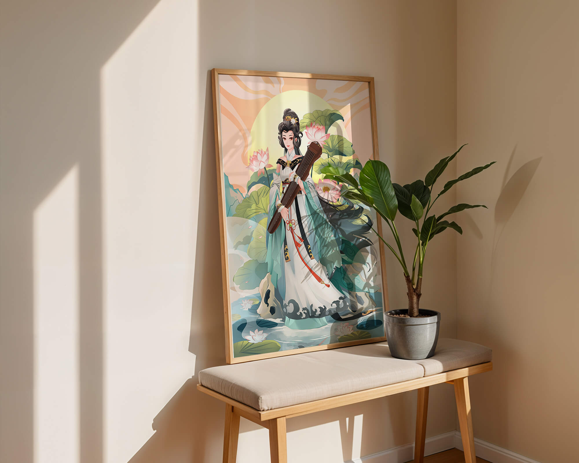 Elegant woman with traditional clothing and musical instrument in serene nature setting