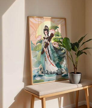 Elegant woman with traditional clothing and musical instrument in serene nature setting