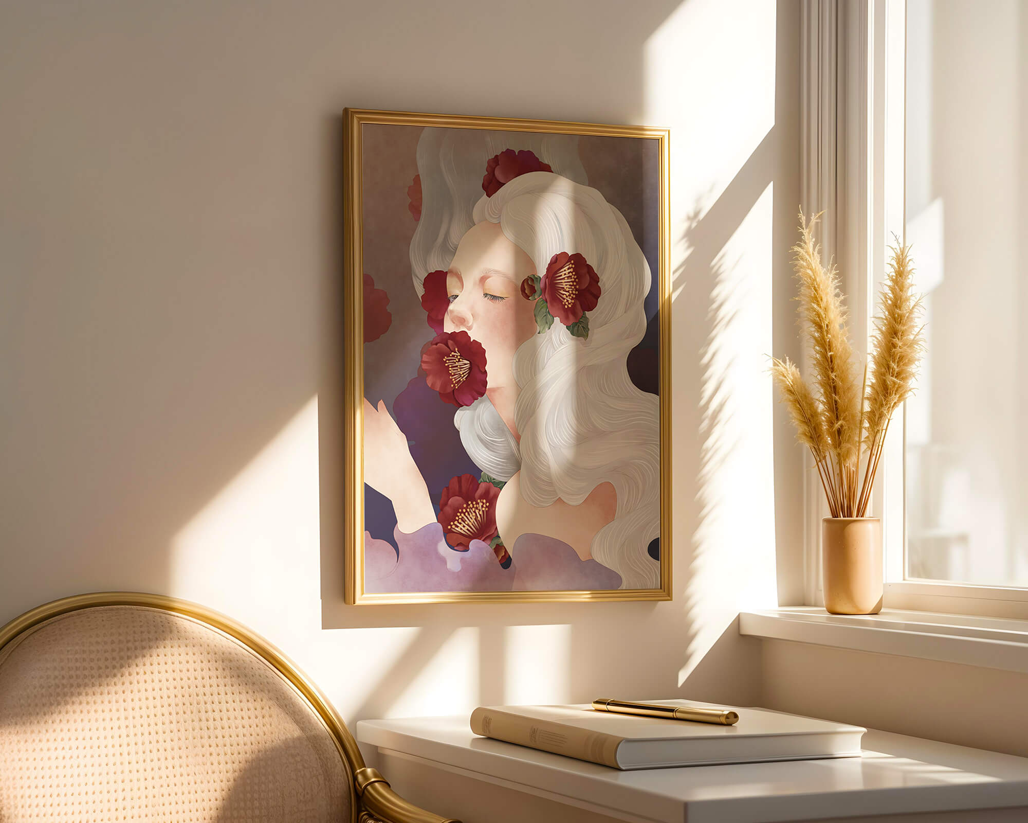 Dreamy Portrait of a Woman with White Hair and Red Flowers