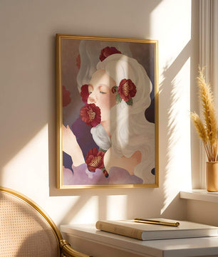 Retrato onírico de una mujer con cabello blanco y flores rojas