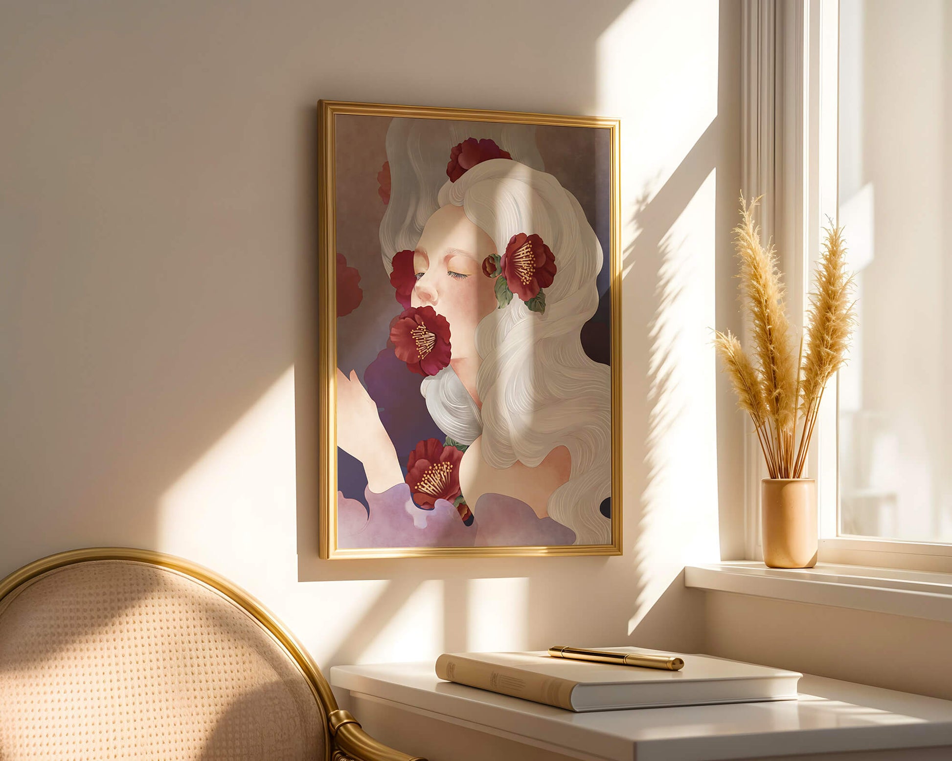 Dreamy Portrait of a Woman with White Hair and Red Flowers