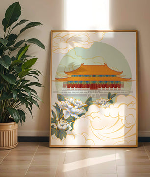 Traditional Asian palace illustration with floral and cloud motifs