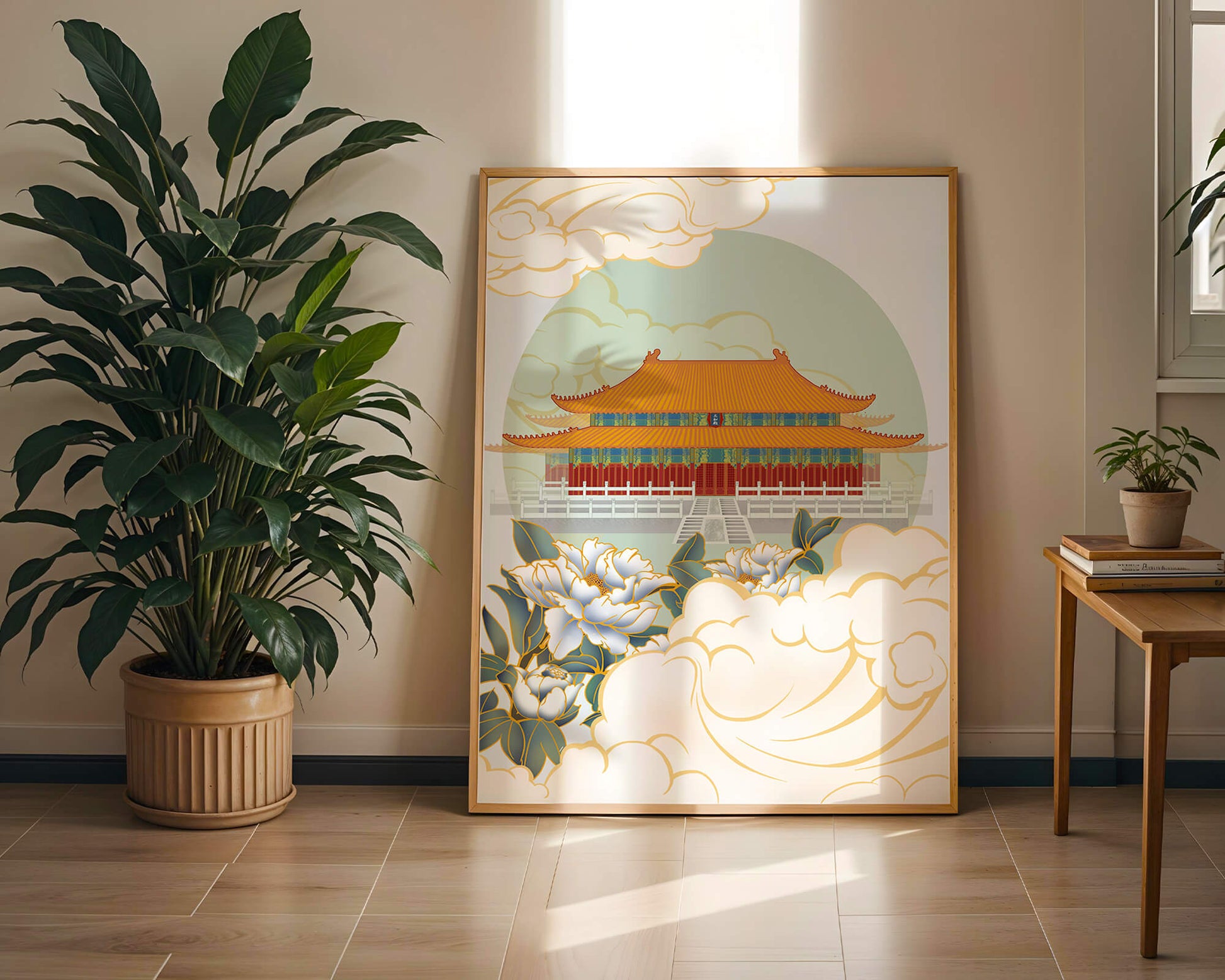 Traditional Asian palace illustration with floral and cloud motifs