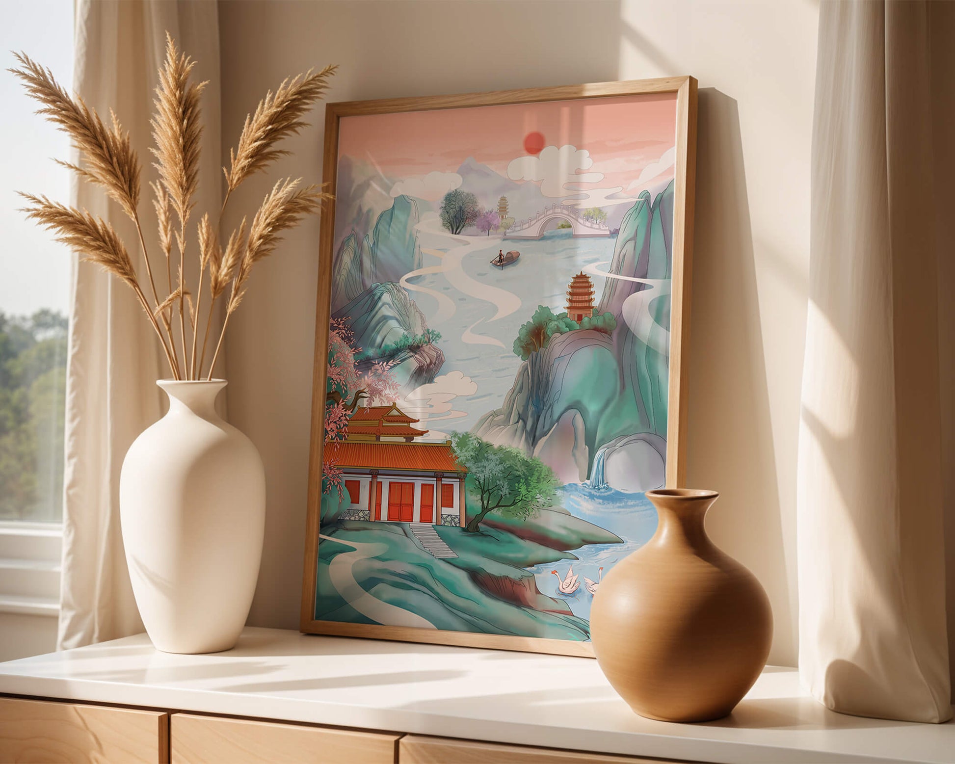 Serene landscape with traditional Asian architecture and nature elements