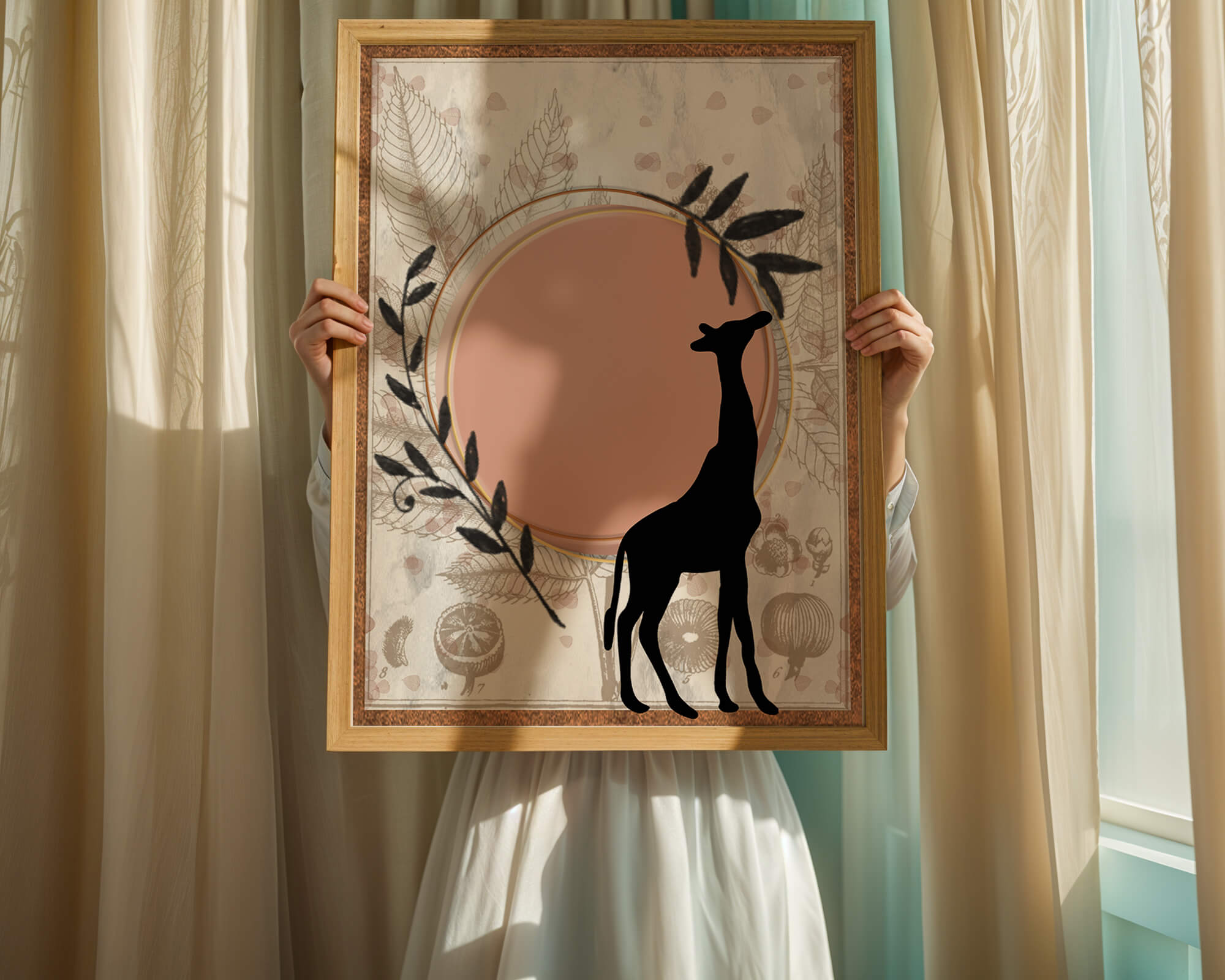Nature-inspired artwork with giraffe silhouette and botanical elements