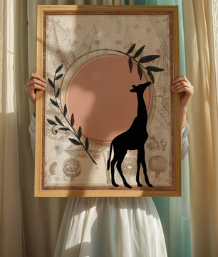 Von der Natur inspiriertes Kunstwerk mit Giraffensilhouette und botanischen Elementen