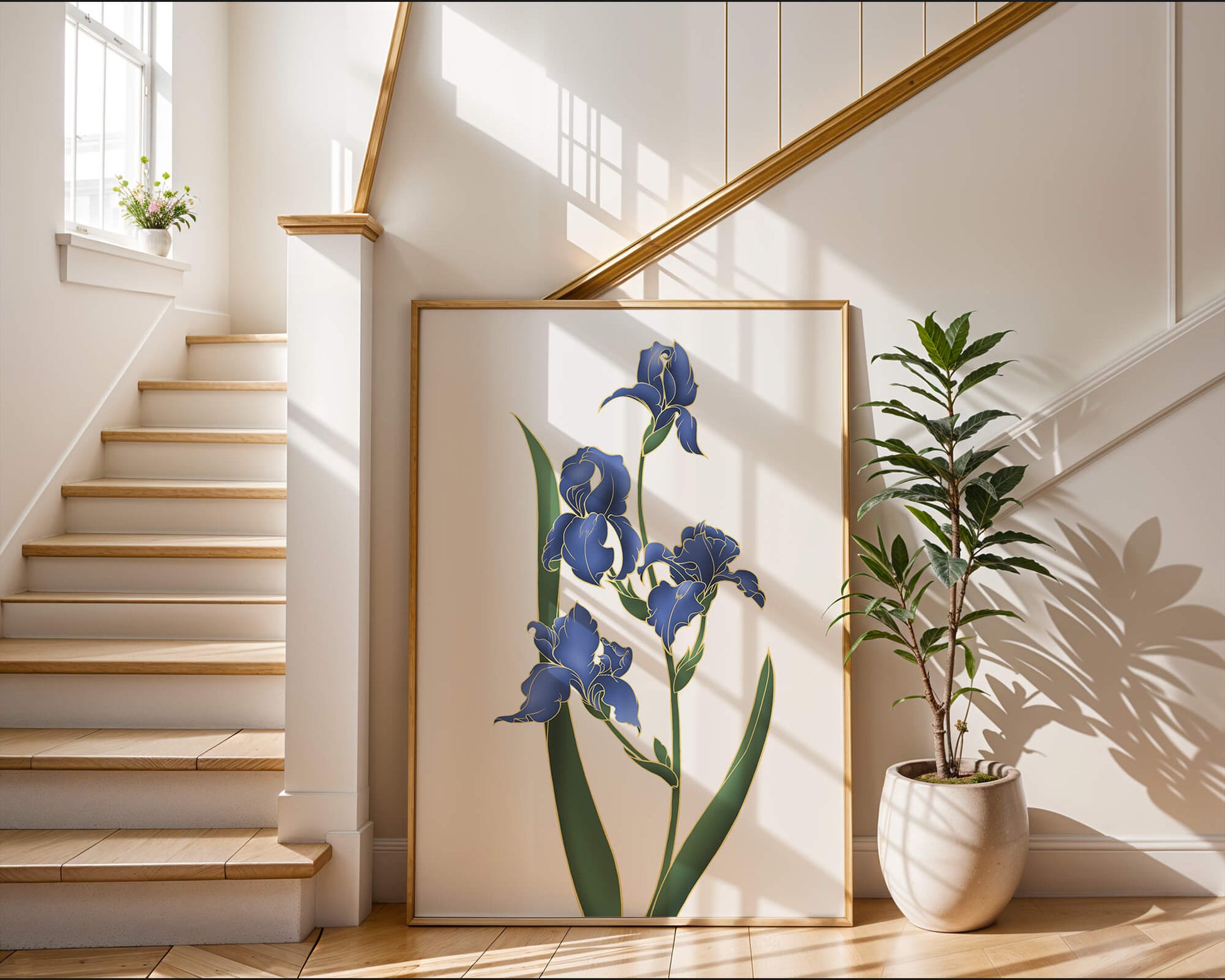 Flores de lirio azul elegantes con acentos dorados sobre un fondo blanco