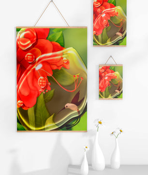 Vibrant floral illustration with hummingbird and lush greenery