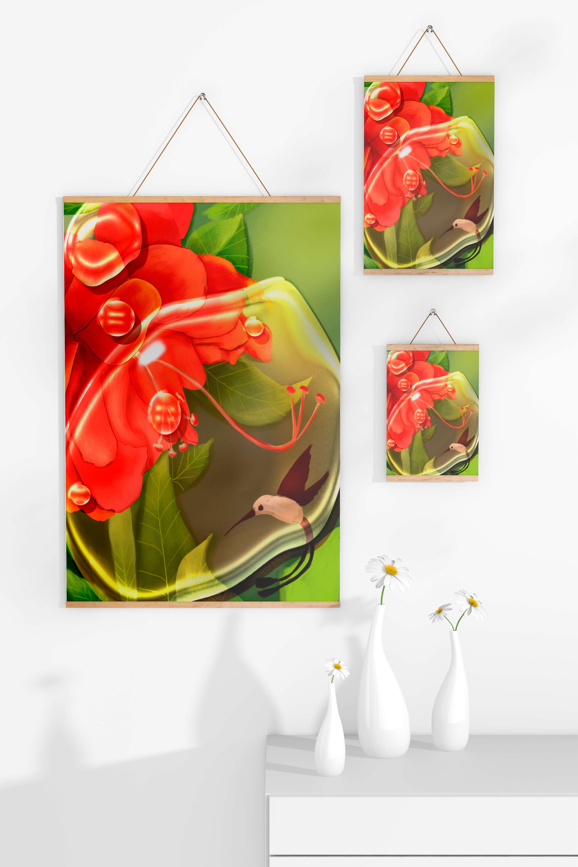 Vibrant floral illustration with hummingbird and lush greenery