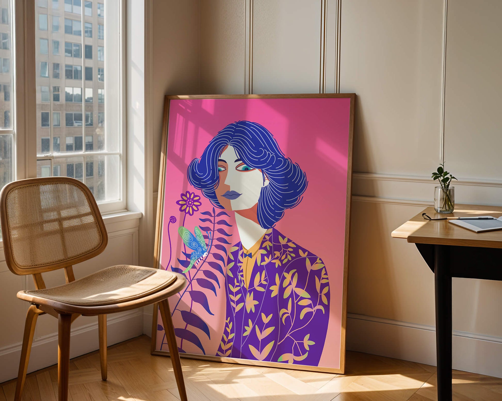 Stylized Portrait of a Woman with Blue Hair and Botanical Pattern