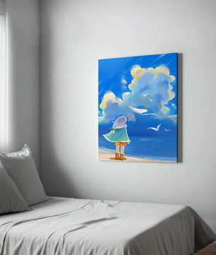 Young person gazing at a vibrant seaside sky with birds flying