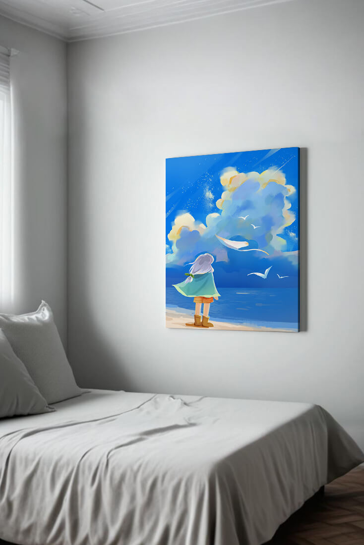 Young person gazing at a vibrant seaside sky with birds flying