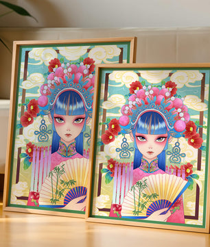 Ilustración elegante inspirada en el arte asiático con tocado elaborado y motivos florales