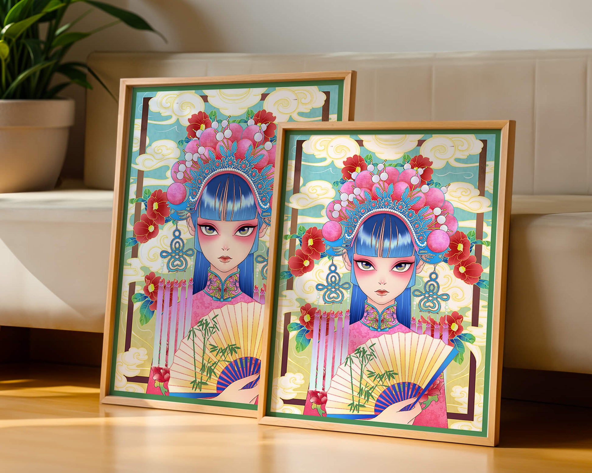 Ilustración elegante inspirada en el arte asiático con tocado elaborado y motivos florales
