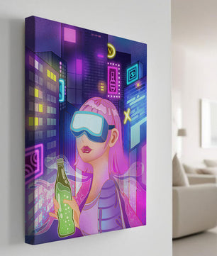 Escena urbana futurista con luces de neón y elementos de realidad virtual
