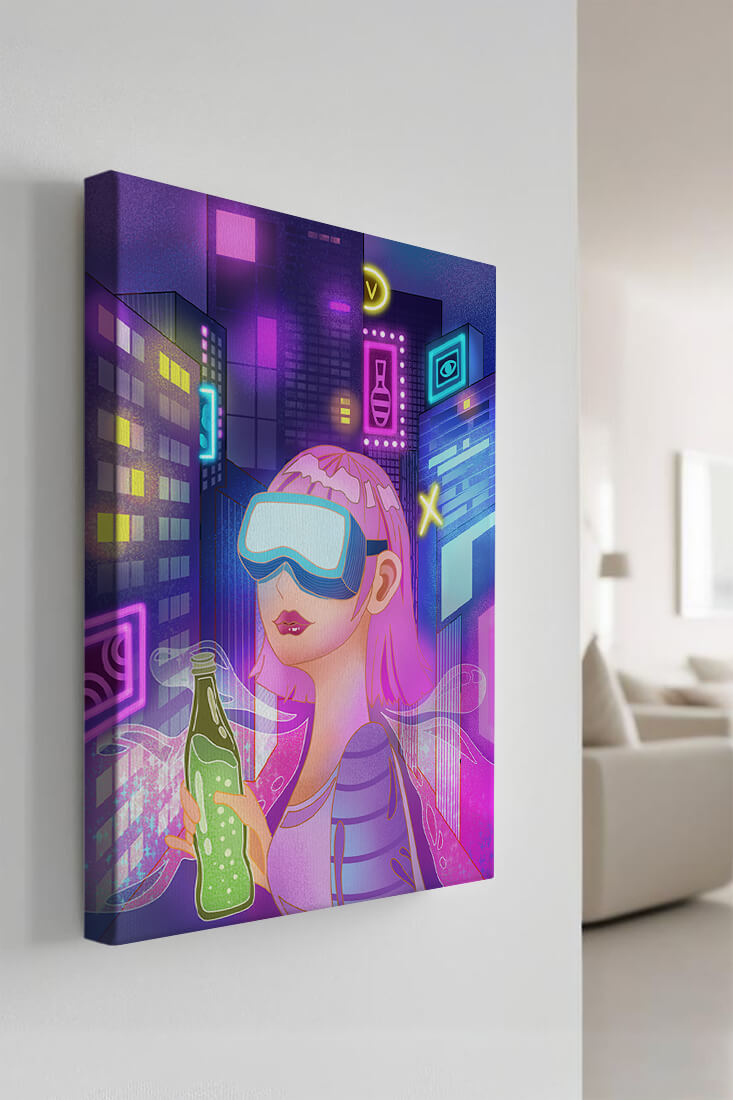 Futuristic urban scene with neon lights and virtual reality elements