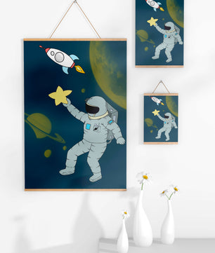 Astronaut Reaching for Star with Rocket and Planets in Space Scene - Mi tienda
