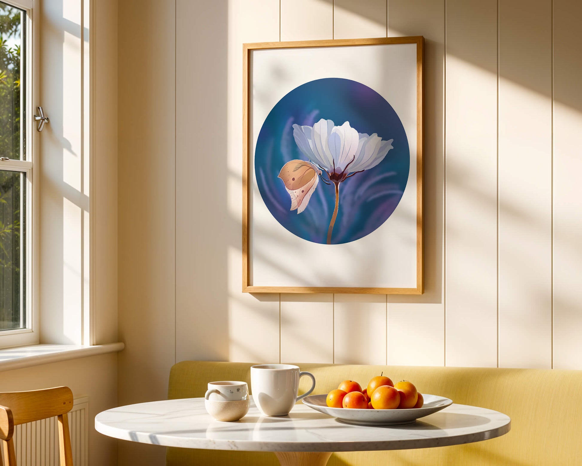 Delicate butterfly resting on a white flower in a serene blue background