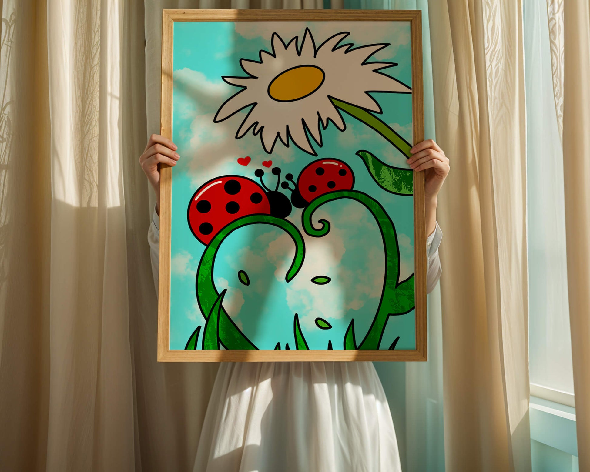 Ladybugs in love beneath a daisy on a bright sky