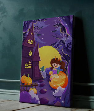 Charming Halloween scene with a girl on a pumpkin near a haunted house