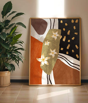 Abstract floral artwork with gold accents and earthy tones