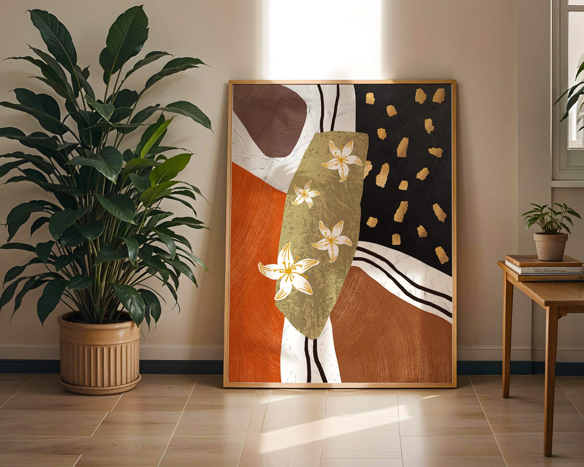 Abstract floral artwork with gold accents and earthy tones