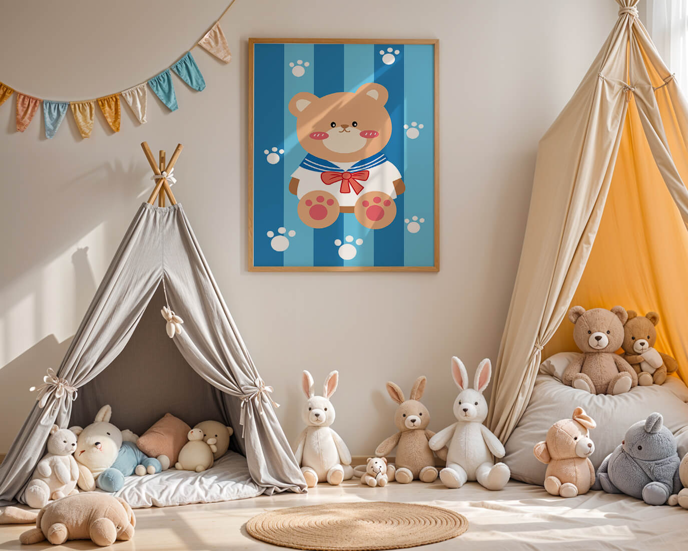 Adorable cartoon bear with sailor suit against striped background