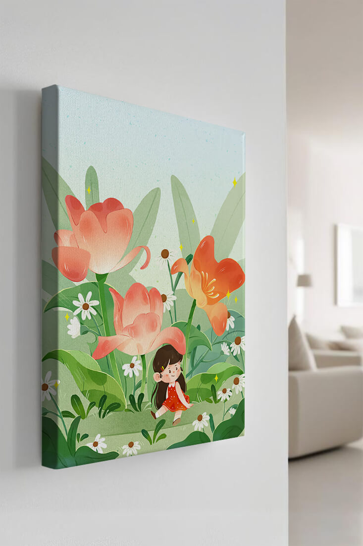Charming floral garden with whimsical child illustration