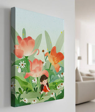 Encantador jardín floral con ilustración de niño caprichoso
