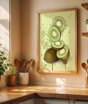 Watercolor illustration of sliced kiwi fruit with splashes